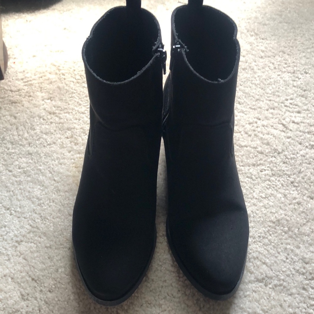 Black Suede Booties, size 10. Good condition.